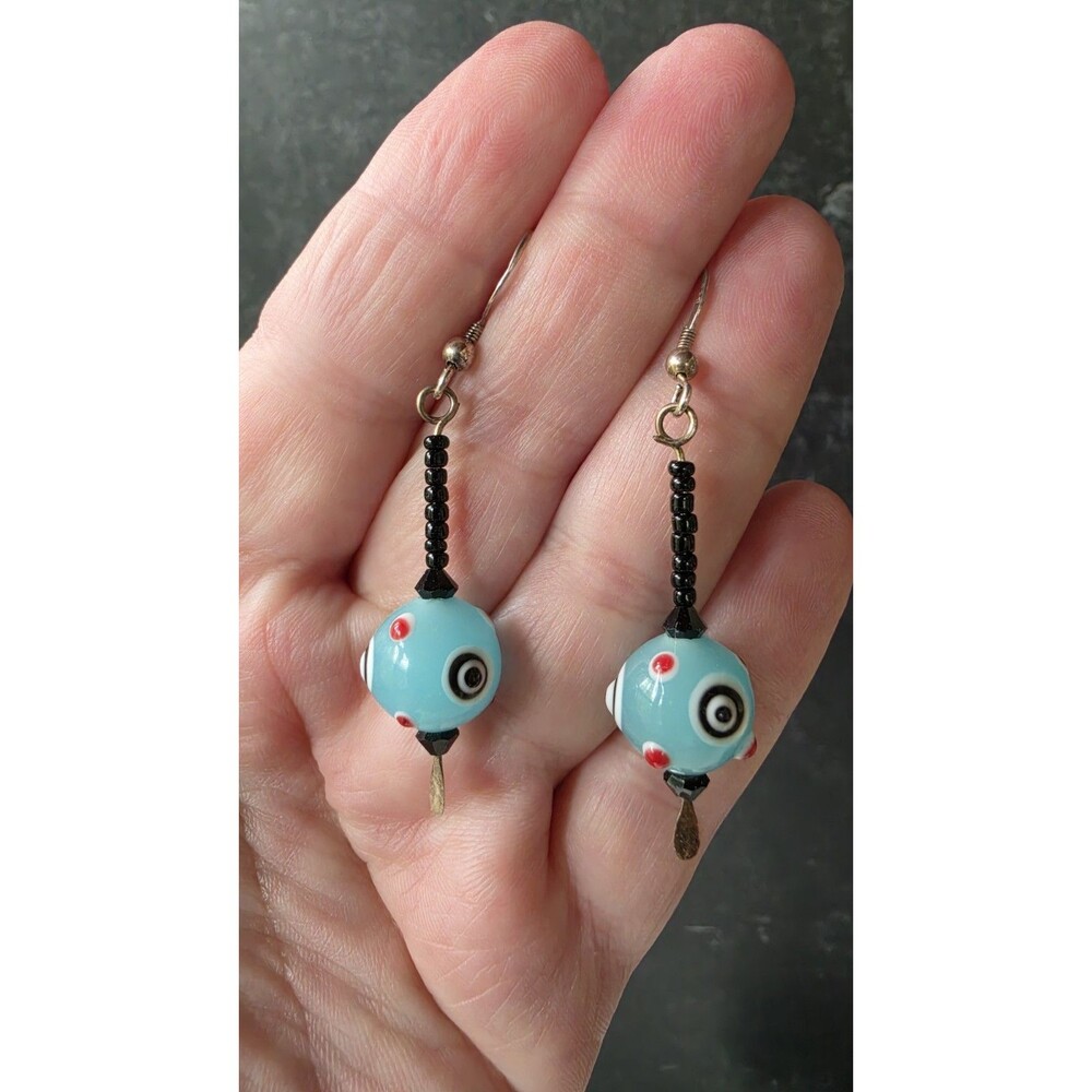 925 Sterling Silver Multicolored Glass Beaded Dangling Pierced Earrings Vintage